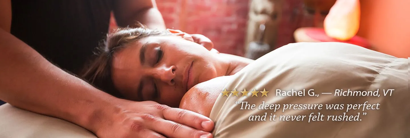 A relaxed client during a massage. Rachel G., Richmond, VT: The deep pressure was perfect and it never felt rushed.